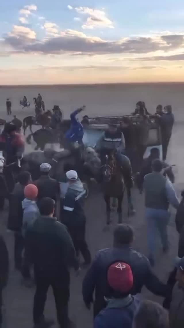 Во время кокпара водитель выехал на поле и сбил лошадей Во время проведения традиционной игры кокпар в Кызылорде произош…